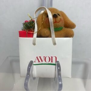 Vintage Avon holiday friend dog in bag, Christmas ornament NIB